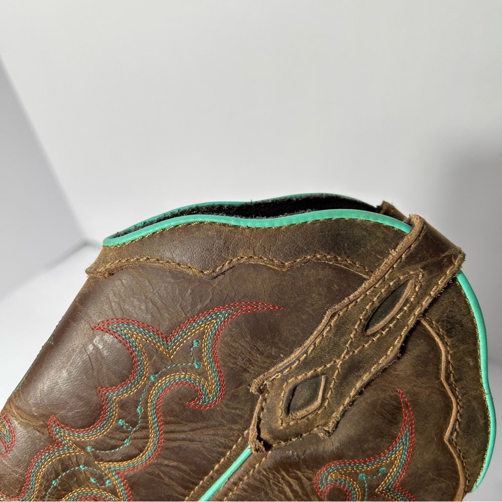 Justin Boots Brown Leather Western Boots with Turquoise Trim - Picture 8 of 16